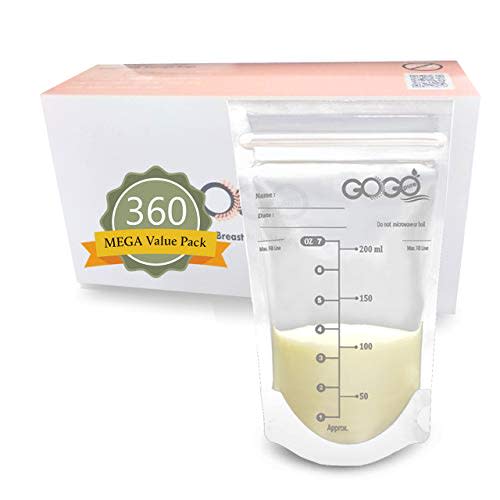 GOGO pure 360 CT (6 Pack of 60 Bags) MEGA Pack Breastmilk Storage Bags - 7 OZ, EACH PRE-STERILIZED By Gamma Ray, BPA Free, Leak Proof Double Zipper Seal, Self Standing, for Refrigeration and Freezing