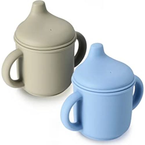Potchen 2 Pieces Silicone Sippy Cup Training for Baby 6 months+ Soft with Straw Spill Proof Cups Toddlers Handles and Spout Lid Easy Grip 5oz (Blue, Green, Cute Style), (Pack of 1)