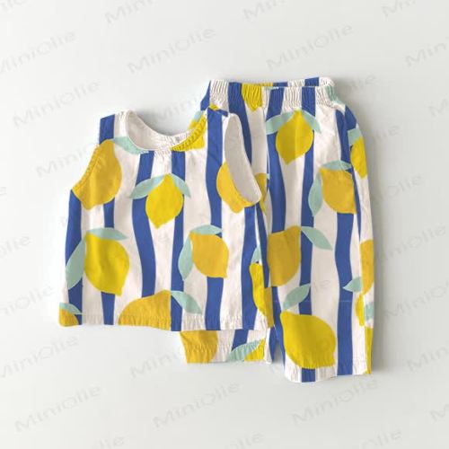 Baby Blue Vertical Striped Lemon 2-Piece Sleeveless Set