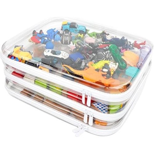 3PCS Clear Hard Shell Zipper Case,Toy Organizers and Storage Box,Clear Toiletry Cosmetic Case,Travel Makeup Bags, Diaper Bag Organizer,Pencil Case,Stackable Portable Transparent Zipper Pouches White-L