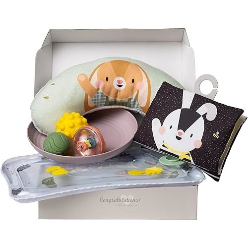 Taf Toys Baby Tummy Time Kit - High Contrast Black and White Crinkle Book, Support Pillow, Activity Water Mat, Sensory Balls, Plate - Newborn Infant Sensory Toy Set