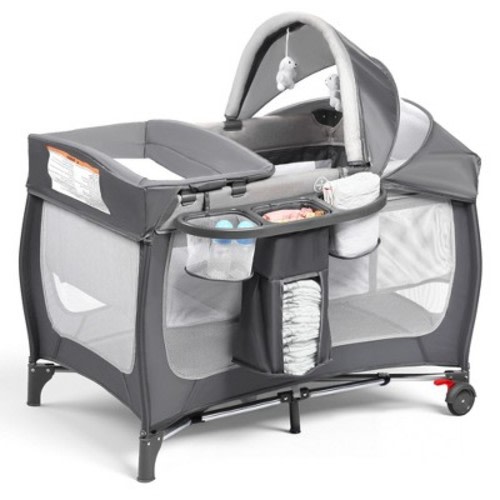 Kinder King 4-in-1 Portable Pack and Play with Bassinet, Changing Table, Adjustable Canopy, Storage Basket & Travel Bag – Infant to Toddler Playard