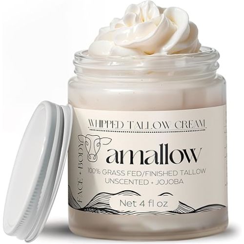 Amallow 100% Grass Fed Beef Tallow for Skin Care - Face + Body - Whipped Moisturizer for Sensitive Skin - Natural Lotion, 4 FL. oz. (Unscented + Jojoba Oil)