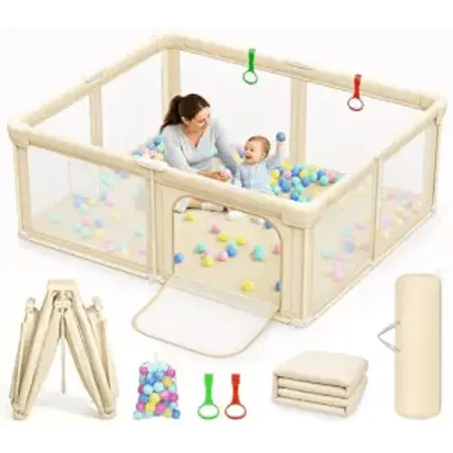 59"X71" Foldable Baby Playpen with Mat Play Pen for Baby and Toddler Beige