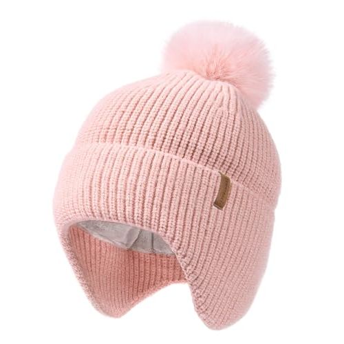 Toddler Baby Winter Hat Warm Fleece Lined Knit Kids Hat with Earflap Infant Newborn Pom Pom Beanie Knit Cap Girls Boys