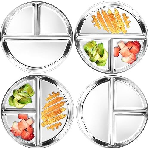 Bakpoco Stainless Steel Kids Plates 4 Packs, 8" Divided Toddlers Portion Control Plate, Non Toxic & BPA Free |Unbreakable |Dishwasher Safe Baby Snack Dish for Daycare, Restaurant Outings & Travel