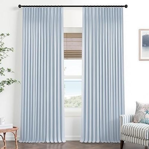 Mrs.Naturall Light Blue Pinch Pleat Linen Blackout Curtains for Master Bedroom, Soft Sky Blue Airy Coastal Pleated Drapes for Living Room or Beach House, 96 Inch Long 2 Panels Set
