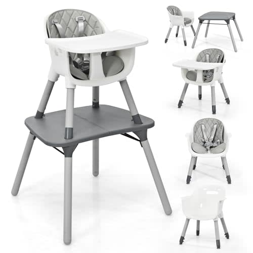 HONEY JOY 5-in-1 High Chair, Convertible Highchair for Babies and Toddlers/Kids Chair Table Set/Infant Feeding Chair w/Safety Harness, PU Leather Cushion & Removable Food Tray (Gray)