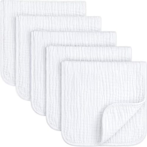 KeaBabies Muslin Burp Cloths Baby Boy, Girl – 5-Pack 100% Cotton Muslin Burping Cloths for Babies, Newborn, 21x10 Large & Absorbent Spit Up Rags, Baby Washcloth, Infant Towels (Soft White)