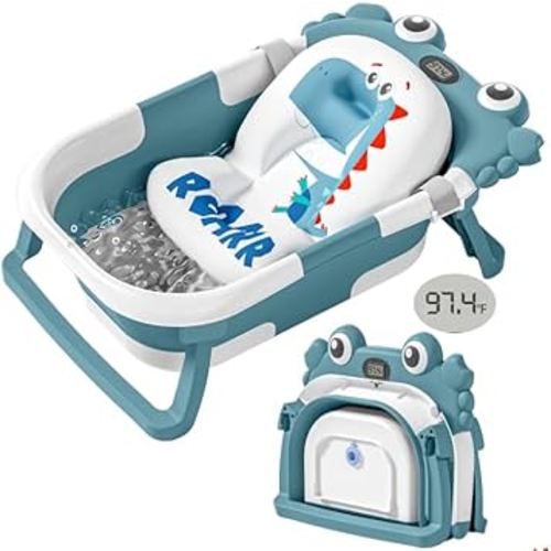 Collapsible Baby Bathtub for Newborns with Thermometer and Soft Floating Cushion Portable and Foldable Travel Baby Bath Tub for Infants to Toddler 0-36 Month (Blue)