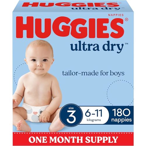 Huggies Ultra Dry Nappies Boys Size 3 (6-11kg) 180 Count - One Month Supply (Packaging May Vary)