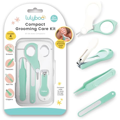 Lulyboo 4-in-1 Newborn Baby Grooming Kit - Compact Travel Case, Stainless Steel Nail Clipper, Rounded-Tip Scissors, Nail File & Baby Tweezers, BPA-Free, Wipe-Clean Exterior, Durable & Portable