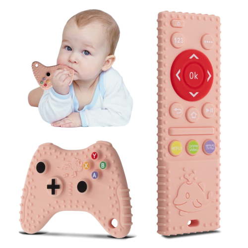 Baby Teething Toys, 2 Pcs Silicone Teething Toys for 3-6 month 6-12 Months - Sensory Toy Chew Toys Educational Toys for Toddler, Remote Control and Game Controller Teething Toys Set - Pink