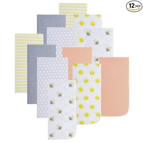 EVERYDAY KIDS 12 Pack Burp Cloths for Baby Boys and Girls - Bees, Sun and Stripes