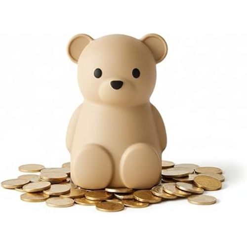 Neutral Silicone Teddy Bear Coin Bank for Kids, Baby, and Toddler. Unbreakable Piggy Bank for Kids -Nursery Decor - Durable Money Bank Gift for Children