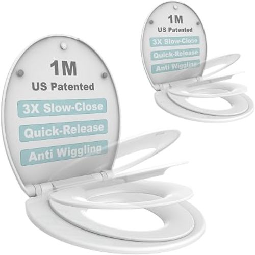 1M Family Toilet Seat, Patented Slow Close & Quick Releasing Technology, Anti-Wiggling, Easy to Install and Clean, Standard Round with Toddler Seat Built In (2 Pieces)