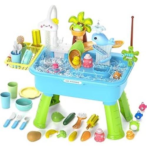 4-in-1 Electric Water Table Toy for Toddlers 1-3,Kitchen Play Sink Toys with Running Water for Kid with Water Pump,Animals, Food, Tableware,Pretend Role Birthday Toy for Boy and Girl