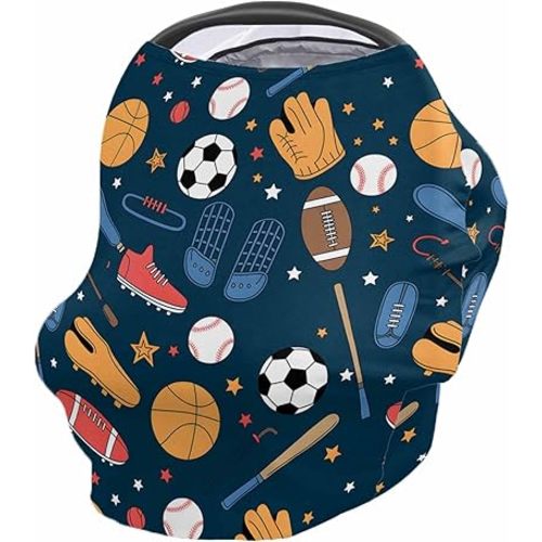 Sport Basketball Football Soccer Baby Car Seat Cover, Car Seat Canopies for Newborn, Cartoon Cute Blue Starry Nursing Breastfeeding Covers, Shopping Cart/High Chair/Stroller Covers, 26x27.6 Inch