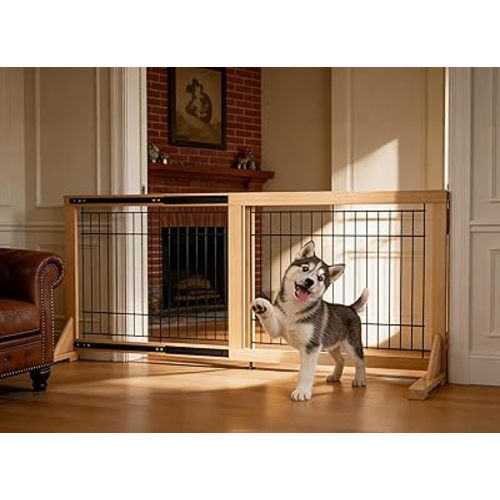 Wooden Freestanding Dog Gate, 19.7" H 23.6" - 45.3" Wide Pet Gate for Fireplace Stairs Hallway, Adjustable Pet Fence Indoor