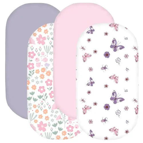 Little Grape Land Bassinet Sheets for Baby Girl 4 Pack, Soft Microfiber Fitted Cradle Sheets 33"x18"x4", Breathable & Snug for Oval/Rectangle Mattress – Pink Floral/Butterfly/Light Pink/Purple