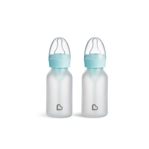 Munchkin Bond™ Silicone Coated Glass Baby Bottles - Anti-Colic Feeding System with Natural Feel Nipples, 4 ounce, 2 Pack, Blue