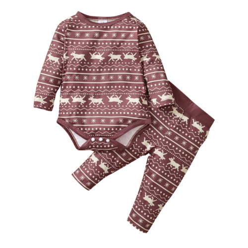 Bjutir Christmas Pajamas For Baby Boys Girls Long Sleeve Christmas Cartoon Deer Printed Romper Tops With Long Pants Outfits Coffee 0-3 Months