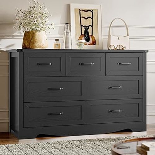 7-Drawer Dresser for Bedroom, Modern Wooden Chest of Drawers with Metal Handles, Anti-Tipping Design, Sturdy and Stable Storage Organizer for Living Room, Entryway, Home Office