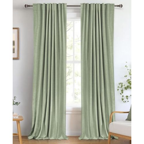 Linen Textured Total Blackout Curtains for Bedroom 84 Inches Long, Sage