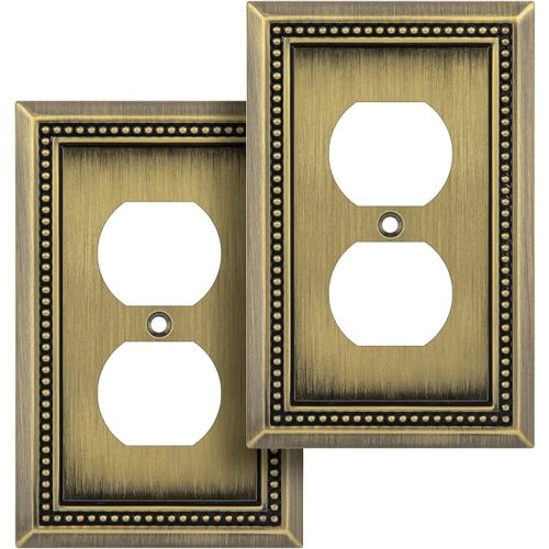 Sunken Pearls Heavy Duty Decorative Wall Plate Switch Plate Outlet Cover (Single Duplex, 2 Pack, Antique Brass)