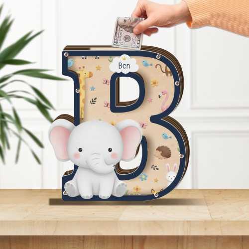 Toddler Animal Zoo Piggy Bank Wooden Letter B Nursery Decor Personalized Name
