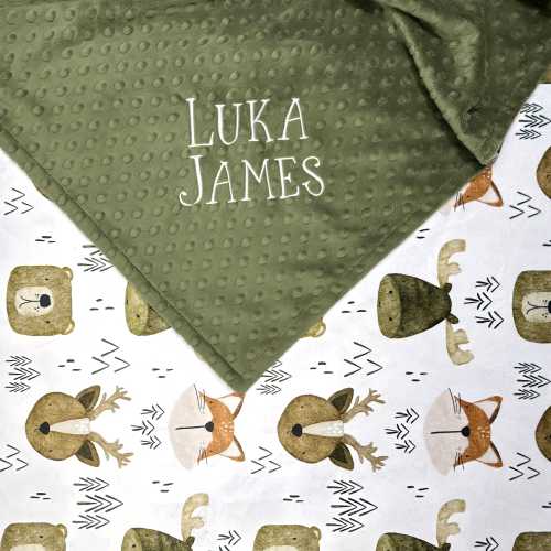 Forest Animal Baby Blanket with Personalization, Woodland Baby Blanket with Name, Newborn Baby Boy Gift, Woodland Minky Blanket for Toddler