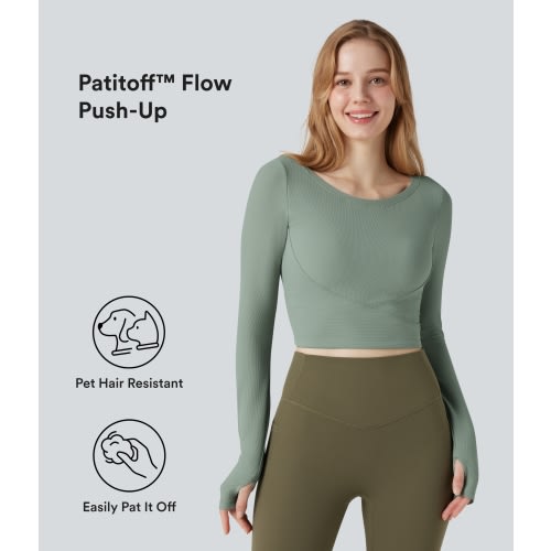 Patitoff™ Flow Pet Hair Resistant Push-Up Long Sleeve Thumb Hole Cropped Yoga Sports Top