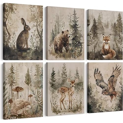 Woodland Animal Wall Art Nursery Canvas Wall Decor Forest Animal Poster Kids Baby Wall Art Watercolor Safari Prints Boys Room Posters Cottagecore Fox Pictures for Bedroom 8x10x6 Inch Ready to Hang