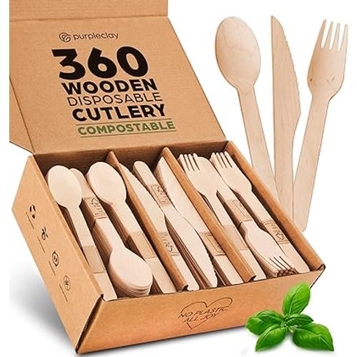 PURPLECLAY Wooden Disposable Utensils Set, 360 PCS Compostable Silverware (120 Forks, 120 Spoons, 120 Knives) Eco Friendly, Plastic-Free Cutlery for Parties & Catering, Alternative to Bamboo Utensils