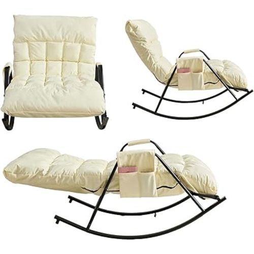 Mjkone Double Rocking Chair, Upholstered Glider Rocker with Adjustable Backrest, Modern Rocking Accent Chairs with Side Pocke, Stylish Armchair Glider Recliner for Living Room Bedroom Apartment, Beige