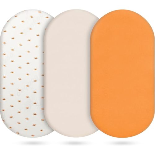 Muslin Bassinet Sheets 3 Pack, Cotton Bassinet Sheets for Baby Girl and Boy, Breathable Bedside Sleeper Bassinet Fitted Sheet, Universal Rectangle & Oval Bassinet Cover, 28x14 to 33x18 (Orange)