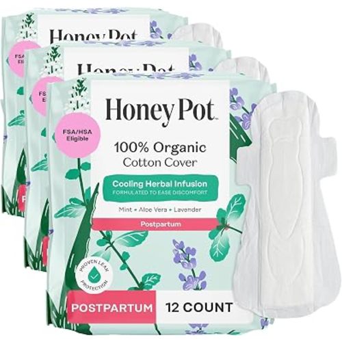 The Honey Pot Company - Herbal Postpartum Pads w/Wings - Infused w/Essential Oils for Cooling Effect, Organic Cotton Cover, & Ultra-Absorbent - Feminine Care - 12ct (Pack of 3)