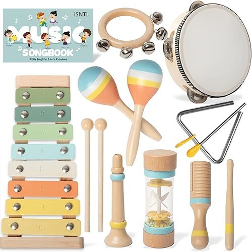 Baby Musical Instruments - Wooden Montessori Toys for Toddlers 1-3,Modern Boho Xylophone Includes Songbook with 13 Kids' Songs,Neutral Colors Wooden Percussion Instruments Set