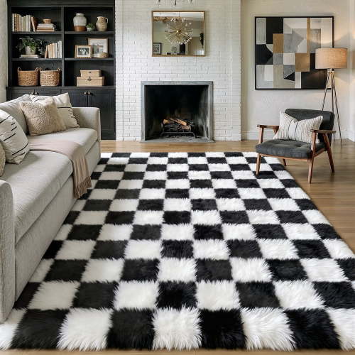 Free Shipping! Berthmeer 9x12 Soft Checkered Area Rug for Living Room Bedroom Nursery Geometric Plush Pile Carpet Black White