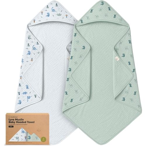 KeaBabies Muslin Hooded Baby Towels for Newborn Girls, Boys - 2-Pack, 30x30 Organic Cotton Baby Bath Towels Hooded, Soft Absorbent, Toddlers, Kids, Infant, Newborn Bath Essentials (Dino Park, Petite)
