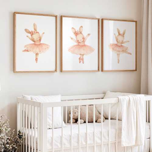 Pink Ballerina Bunnies Nursery Prints: Girl Room Wall Art Gift set of 3