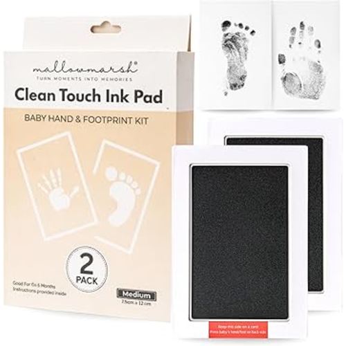 Mallowmarsh™ Clean Touch Baby Hand and Footprint Ink Pad Kit, No-Mess Black Medium Ink, 2 Pack with Imprint Cards, Safe for 0-6 Months