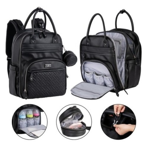 BabbleRoo Premium Vegan Leather Diaper Bag Backpack with Changing Pad & Stroller Straps, Black Leather, 1 pc Pañaleras Para Bebe
