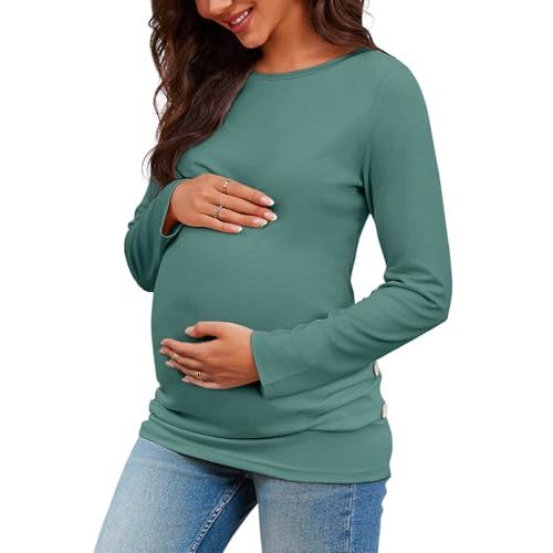 Chuanqi Womens Maternity Shirt Fall Long Sleeve Crew Neck T-Shirts Pregnancy Clothes Side Ruched Tunic Tops