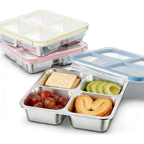 3 Pack Stainless Steel 4 Compartment Snack Containers with Lids, Reusable Divided Lunch & Food Storage Containers for Work, Travel (Pink, Yellow, Blue)