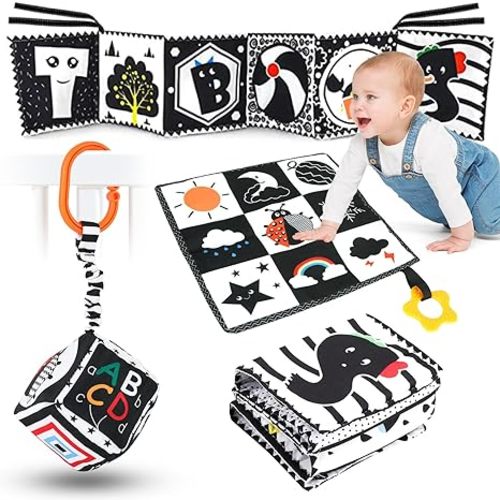 High Contrast Black and White Baby Toys 3-Piece Newborn Essentials Set with Hanging Toys,Rattle Crib Mobile,baby Book & Car Seat Stroller Toys for 0-3-6-12 Months Infant Development