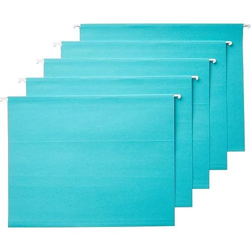 Amazon Basics Hanging File Folders with Adjustable Tabs for Document Organization, Letter Size, Aqua, 25-Pack