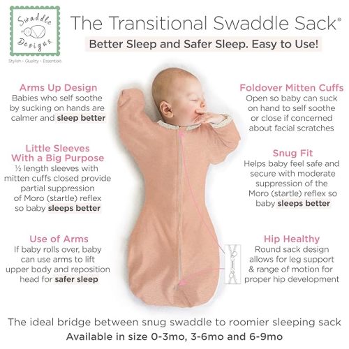 SwaddleDesigns Transitional Swaddle Sack, Arms Up Half-Length Sleeves & Mitten Cuffs, Swaddle for Newborn Transition to Baby Sleep Sack Wearable Blanket, 0-3 Month, 6-14 lb, Heathered Peach Blush