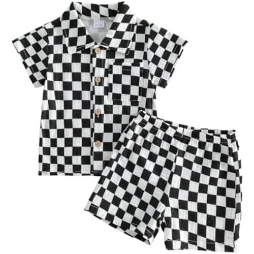 Baby Boy Summer Outfit Checkered Plaid Short Sleeve Button Down Shirt Top Shorts Set Toddler Checkerboard Outfit