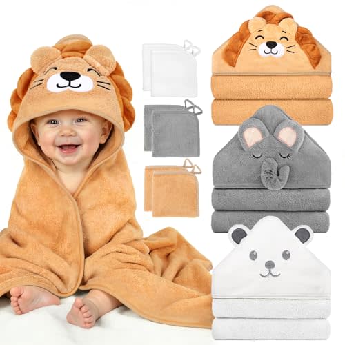 9 PCS Baby Bath Towels for Infants Toddlers, 3 PCS Animal Hooded Baby Towels & 6 PCS Washcloths Set, Ultra Absorbent Soft Cute Newborn Bath Essentials Gifts for Boys & Girls